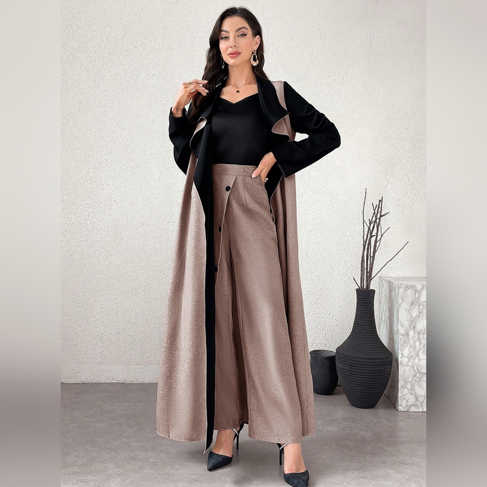 2pcs Women's Color Block Long Sleeve Loose Long Jacket And Casual - Picture 6 of 8